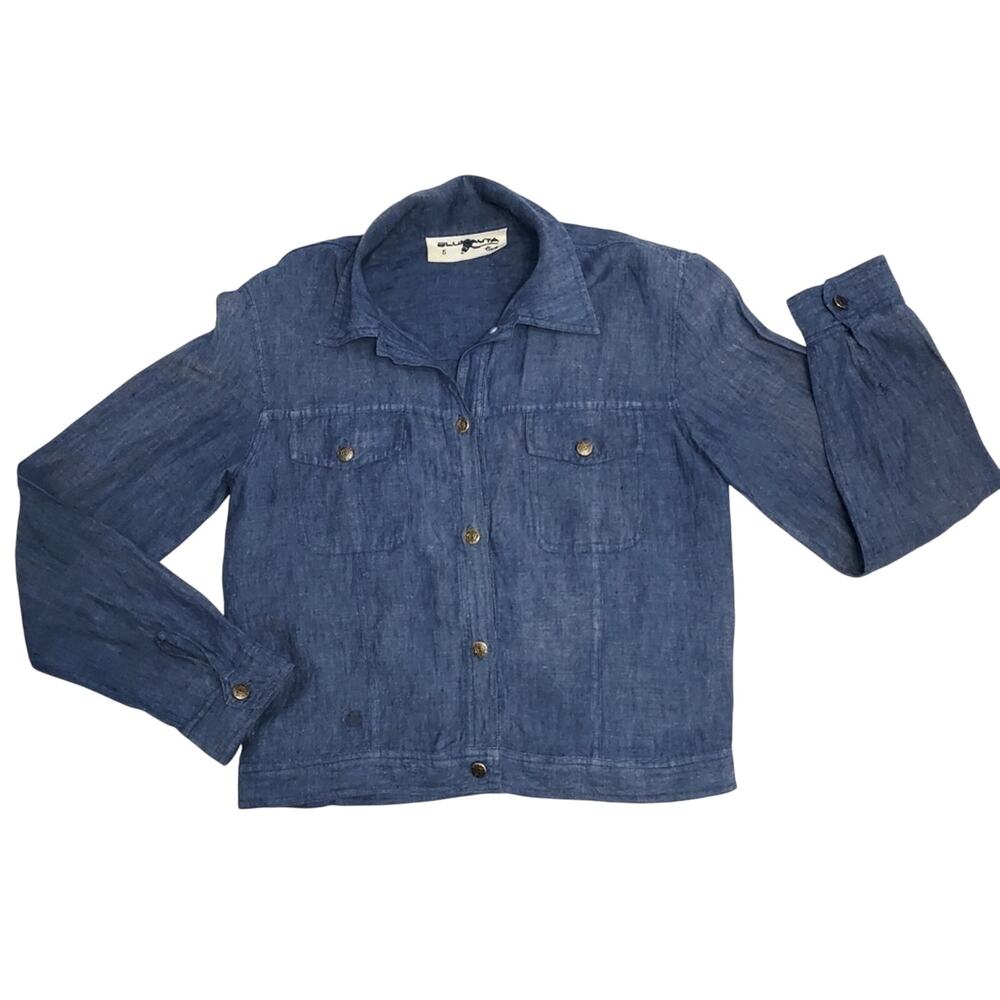 Blunauta Italian Linen Blue Gray Lightweight Denim Long Sleeves Button Shirt Top